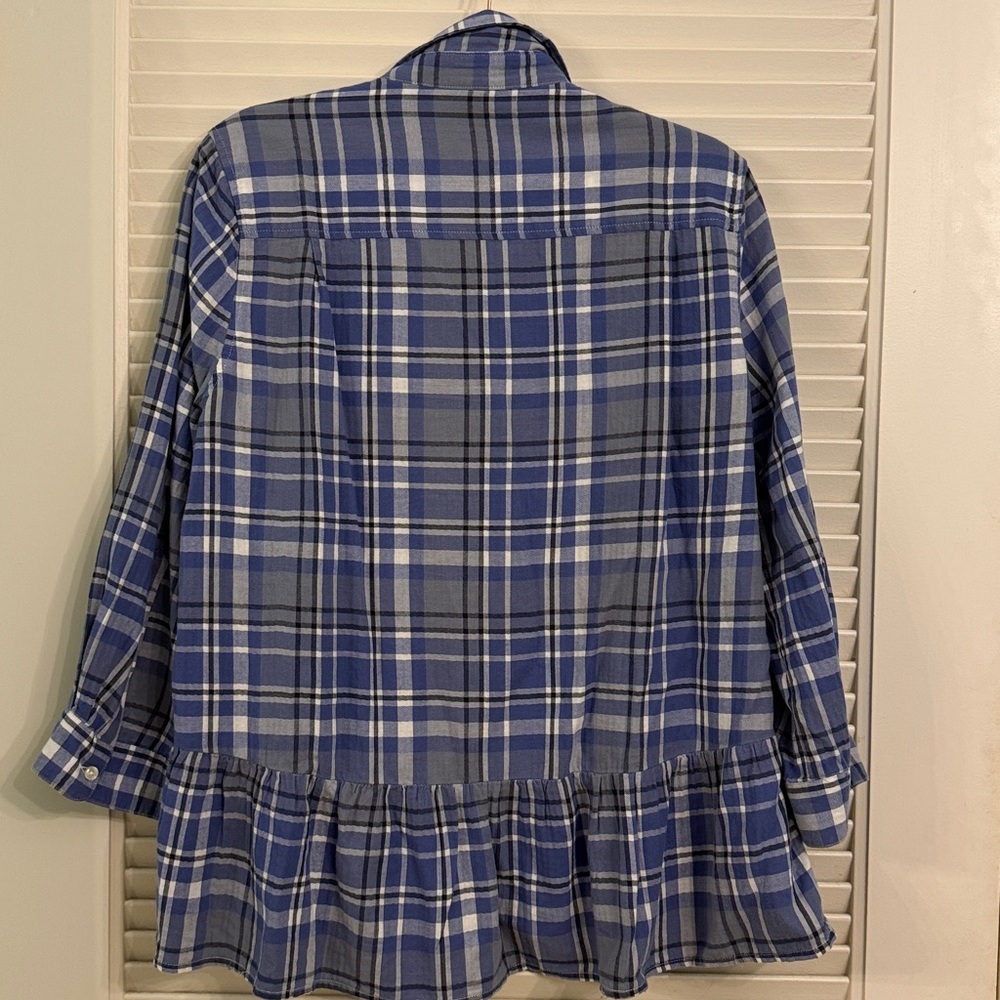 Birds of Paradis by Trovata Intermix Blue Flannel Plaid Peplum Top Shirt Large - Picture 3 of 4